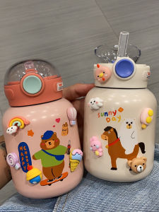 Cute Cartoon Stainless Steel Insulated Water Bottle with Straw Womens Crossbody Portable Large Belly Cup Student Children