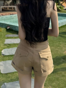 La Chapelle | Beige American Style Thin High Waist Slimming A-line Hemmed Butt Lift Short Pants