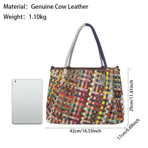Royal Bagger Genuine Leather Tote Bags Colorful Knitting Handbag Retro Large Capacity Shoulder Crossbody Bag 1792