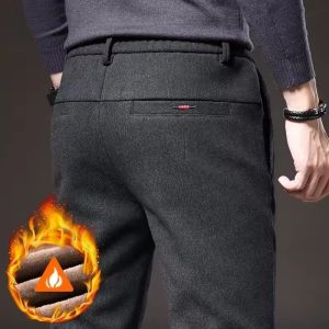 Winter Warm Mens Brushed Casual Pants Business Straight Slim Thick Fleece Trousers Plush Brand Male Clothes 28-38