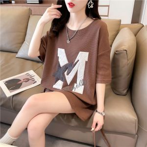 (A34) เสื้อแขนสั้นคอกลม Oversize รอบอก 46 นิ้ว งานปักกำมะหยี่ตัว M ด้านหน้า ผ้าวาฟเฟิล ใส่สบาย ผ้าไม่ยืด พร้อมส่งในไทย