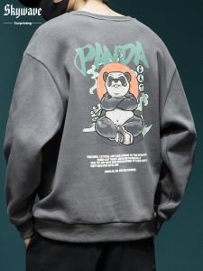 Panda Print Chinese Style Fleece Lined Loose Fit Long Sleeve Hoodie Trendy round Neck Mens Sweatshirt Winter Casual Outerwear