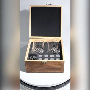 Elegant Whiskey Glass Set with Ice Stones Premium Wooden Box Gift for Fathers Day & Wedding