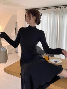 Womens Black French Mid-Calf A-Line Knit Dress Chic Semi-Turtleneck Slimming Long Sleeve Warm Layered Autumn Winter Exclusive