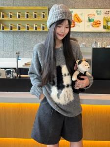 BINKAFENNY | Gray Cute Lazy Dog Knitted Sweater Womens Autumn Winter New Style Casual Loose Fit Long Sleeve Round Neck Top Fashionable