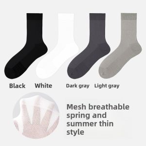 Miiow | White Sports Socks For Men Breathable Thin Mesh Antibacterial Anti Odor Cool Feeling Summer Mid Calf Length Anti Pilling