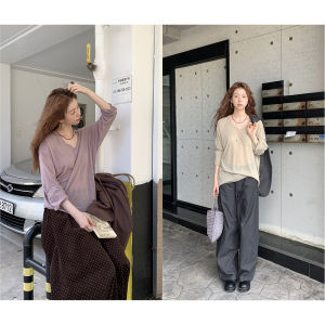 Áo Len Dệt Kim Dài Tay Rộng Rãi Cho Nữ Mùa Thu Cổ Chữ V Áo Len Mỏng Vải Lanh Áo Khoác Ngoài Thường Ngày Mặc Thường Ngày