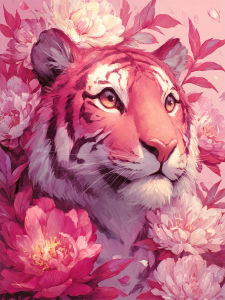 Huacan Full Diamond Painting Pink Tiger Portrait Peony Flowers Diamond Mosaic Animal Complete Kit Picture Of Rhinestones
