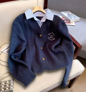 American Style Short Knitted Sweater Womens Autumn Winter College Style Fake Two-Piece Cardigan Sweet Polo Collar Long Sleeve