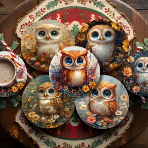 2D Cartoon Owl Wooden Coasters 6 Pieces Set for Coffee Shop Office Bar Home Art Decoration Theme Party Gift Desktop Protection