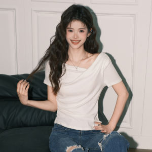 Chocoole White Asymmetrical Waist-Cinching Short Sleeve T-Shirt Korean Style Commute Pure Color Casual Womens Top