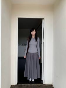 Grey Versatile Slimming Design Summer Half-length Skirt High-waisted A-line Knitted Polyester Blend Casual Ladies Skirt
