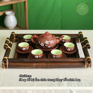 Khay đựng bộ ấm chén uống trà Bát Tràng chất liệu tre