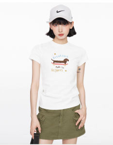 Gray Puppy Shoulder Girls Short Sleeve T-Shirt Female Summer Stylish Close-Fitting and Slim-Fitting Slimming Short Top Summer