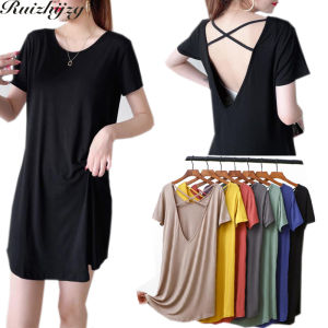 Ruizhijzg Ready Stock Women Long Dress Home Wear Summer Short Sleeve Modal Cotton Big Size Korean Style Ladies Loose Plain Casual Plus Size A-Line Backless Black Dresses