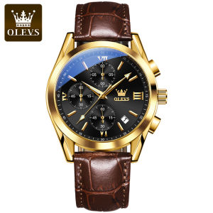 OLEVS Fashion Mens Watches Luxury Brand Original Hot Sale Waterproof Casual Leather Strap Quartz Waterproof Watch For Male Multifunctional Chronograph Phnom Penh Dial Luminous Date Rose Gold Shell Business Watches 2872