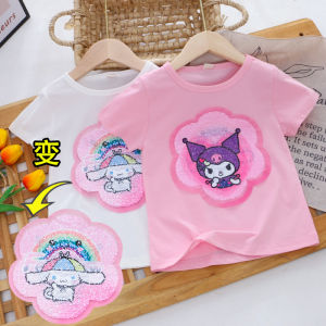 Sanrio Girls T-shirt Short-Sleeved Cartoon Kuromi Cinnamoroll Cotton Changing Pattern Sequined Tops Kids Clothing Tee