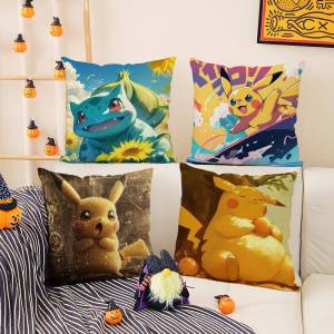 Bandai | Pokemon Meowth Anime Plush Pillow Cover Soft Short Plush Cushion Cover For Sofa Bedroom Living Room Home Decor Gift