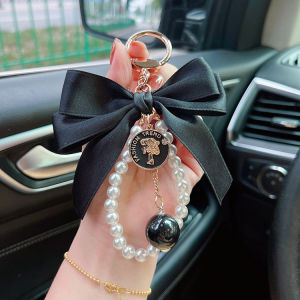 Car Key Ring Big Bowknot Bow Tie Pearl Chain Womens Vehicle-Use Key Chain Pendant Fancy Handbag Ornaments