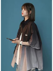 Minette Gradient Color Long Sleeve Loose Womens Shirt Student Fashion Brand Simple Style Polyester Fiber Shoulder-Length Cuff