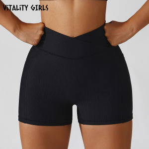 Quick Dry Breathable Yoga Shorts Womens V Waist Fitness Clothing Sport Three-quarter Length Pants Anti Roll Edge Nylon Shorts