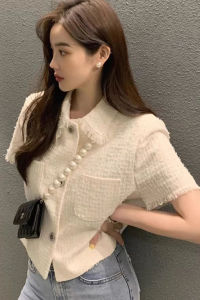 Chic French Style Retro Sweet Lapel Short Tweed Outwear Women Temperament Wild Short Sleeve Single Breasted Tops Women