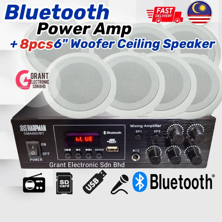[1 SET] Harpman 50W Bluetooth Power Amplifier + 8pcs 6" Woofer Ceiling Speaker suitable for beauty center, salon, cafe, studio etc