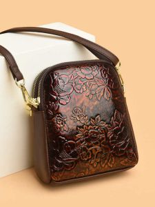 Spring 2025 New Fashion Double Layer Leather Phone Bag Womens Vertical Single Shoulder Mini Crossbody Small Bag Floral Vintage