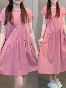 Shalldoer | Sweet Round Neck Short Sleeve Dress Womens New Summer Striped Patchwork Design A-Line Skirt Casual Style Mid-Length Dress