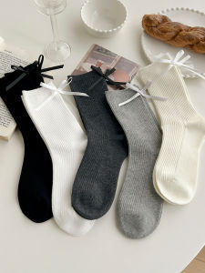Ballet Style Bow Socks Womens Summer Thin Japanese Style JK Lolita Vertical Pattern Pure Color Spring and Autumn Sweet Bunching Socks