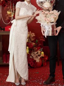 New Chinese Style Cheongsam Toast Dress Fancy Heavy Embroidery Sequins Small Trailing Engagement Dress Bridal Fishtail Family Visiting Shoes