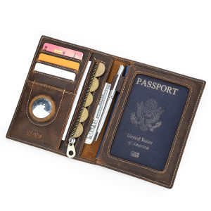 Hiram Genuine Cow Leather Passport Holder Travel Wallet with Airtag Case Anti-lost Pocket Pen Card Holder RFID Blocking Passport Cover