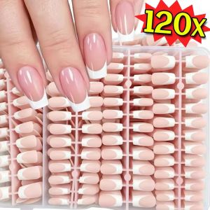 120 cái/bộ Báo Chí trên đầu móng tay Nude hồng Móng Giả cần keo dính mặc hình vuông dài Quan Tài móng tay pháp Sticker bọc hoàn toàn móng tay giả