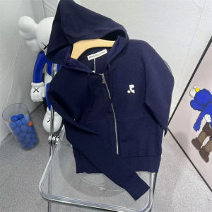 Restandrecreation RR Letter Embroidered Knitted Short Sleeveless Hooded Cardigan Long Sleeve Zipper Slim Fit Outerwear