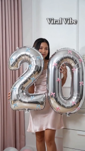 【Ready Stock】32" Silver Number Balloon w/ Pink Bows Aesthetic DIY Girls Birthday Decor for Baptism Baby Shower Globos Mura