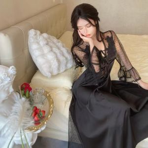 Red Lace Trim Sleep Dress Princess Style Sleep Robe with Chest Pad Large Size Slimming Effect Wedding Bride Goddess Style Home Wear