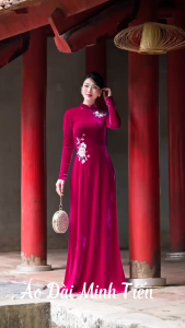 Áo Dài Chất Liệu Nhung The Cao Cấp - Hàng May Và Thêu Thủ Công Tỉ Mỉ Từng Áo - Mã D20 Màu Hồng
