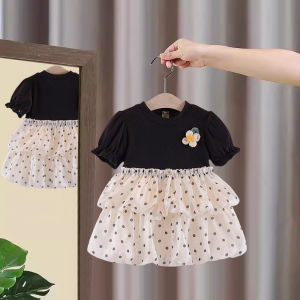 Princess Style Cotton Blend Summer Dress for Baby Girls Lightweight Short Sleeve Mesh Skirt Daily Wear Childrens Clothing