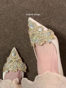 Giày Cưới Satin Màu Nhạt Giày Cao Gót Đính Đá Cho Nữ Giày Cưới Hai Mảnh Giày Đế Cao Bằng Da Tổng Hợp Mùa Thu 2024