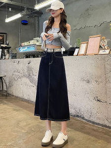 กระโปรงยีนส์เอวสูงทรงเอขาบานสำหรับผู้หญิงในฤดูร้อน สีน้ำเงิน กระโปรงทรงเอยาวปานกลาง กระโปรงทรงเอขาดๆ ทรงหลวม กระโปรงทรงเอสีเข้ม