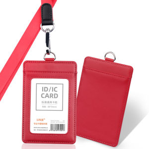 Genuine Leather Horizontal Expandable Card Holder Protective Case for Work ID Student School Badge Lanyard Pouch Picnic