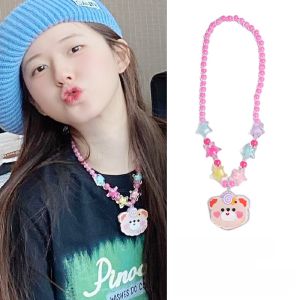 Shiny Colorful Beaded Glowing Bear Pendant Necklace Womens Fashion Jewelry Sweet Cool Style Alloy Chain  out Style