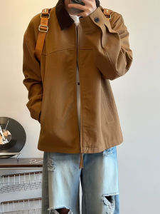 Khaki Short Baseball Jacket Mens American Retro Detroit Coat Cleanfit Trendy Brand Turn-down Collar Zipper Closure Casual Jacket