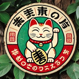 Vintage Japanese Maneki Neko Cat Metal Tin Sign Round Aluminum for Home Kitchen Bedroom Garden Bathroom Garage Office