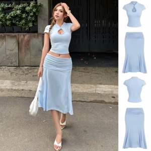 Set đồ nữ ôm body áo cổ tàu tay ngắn khoét giọt nước form croptop phối chân váy dài nhún hông