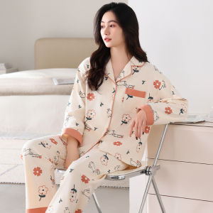 miiow | Pure Cotton Long Sleeve Sleepwear Set For Women Spring Autumn Home Clothes Large Size Open Cardigan Mom Can Wear Outside
