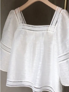 YUFUQING | White Hollow Out Short Sleeve Shirt 2023 Summer New Style Square Collar Lazy Fashion Short Length Womens Top Commute Pattern