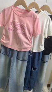 2 buah Setelan Jeans Anak Perempuan Terbaru Gaya Korea Kaos Lucu Manis + Jeans Panjang Pakaian Anak Perempuan Usia 3-8 Tahun Setelan Anak