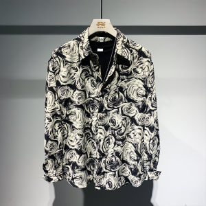 เสื้อเชิ้ตลายดอกแขนยาวสำหรับผู้ชายเสื้อเชิ้ตทรงหลวมออกแบบพิเศษสุดแนวเท่ๆแบบใหม่ฤดูใบไม้ผลิและฤดูใบไม้ร่วงเสื้อตัวสั้นลำลองยอดนิยมแมทช์ลุคง่าย