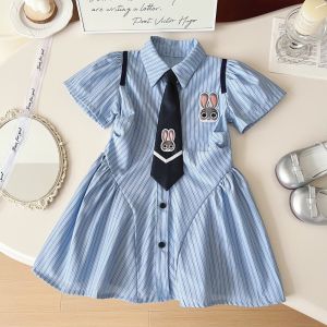 Bear Leader Kids Girls Shirt Dresses Cute Cartoon Rabbit Embroidered Stripe Dress 2-9 Years Teens Preppy Style Short Sleeved Childrens Clothing Wearing Tie